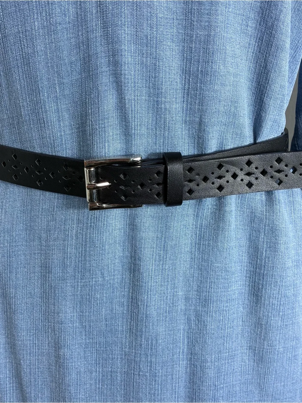Womens belt Sz Small-Medium black faux leather pierced geometric design